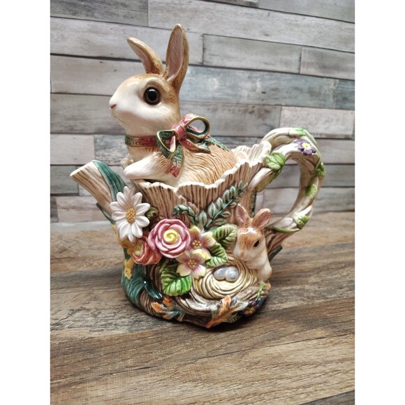 Fitz and Floyd Woodland Spring Rabbit Teapot Ceramic Easter Flowers Cottage Core - Picture 1 of 14